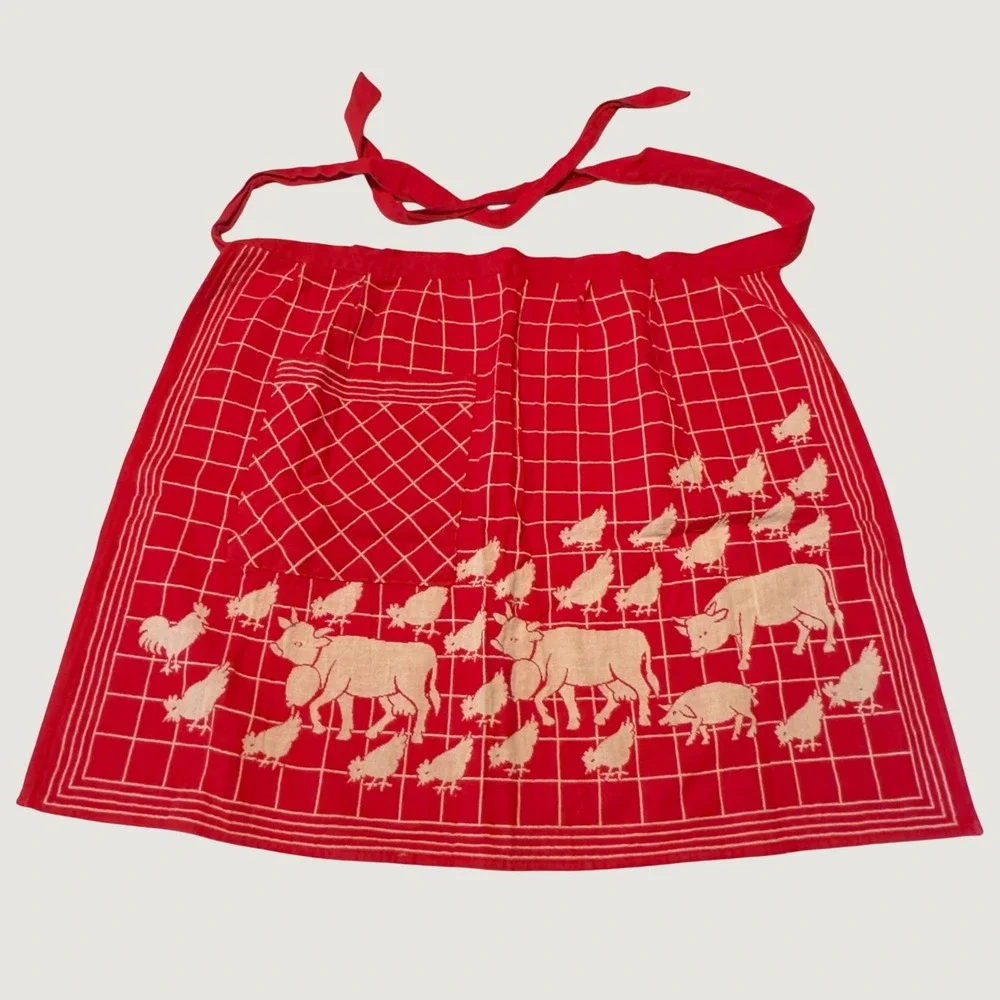 Vintage Tiroler Webkunst Red Farm Animal Cotton Half Apron Made in Austria